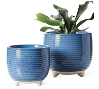 LE TAUCI Pot de Fleurs en Céramique, Pots sur Pieds 13+16 cm pour Plantes, Moderne pour la Maison et le Bureau, Pot d’Intérieur avec Trou de Drainage, Bleu à Émail Réactif