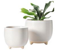 LE TAUCI Pots de Fleurs en Céramique, 12+16 cm Pots à Pieds pour Plantes, Mignons Pot à Plante Modernes pour la Maison et Le Bureau, Jardinière à Fleurs avec Trous de Drainage, Lot de 2, Blanc