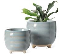LE TAUCI Pots de fleurs en céramique de 13 cm + 16 cm pour plantes, pots de fleurs modernes pour la maison et le bureau, pots de fleurs d'intérieur avec drainage, vernis réactif gris
