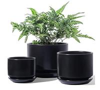 LE TAUCI Pots de Plantes en Céramique, 11+13+17 cm, Lot de 3, Jardinières avec Trou de Drainage et Soucoupe, Pot de Fleurs d'Intérieur avec Coussinet en Maille, Cadeaux pour Maman, Noir