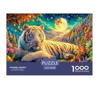 Le Tigre Blanc Fait des Mensonges Parmi Les Fleurs Colorées sous la Lune Puzzle De 1000 Pièces Tiger Carton Recyclé, Excellent Cadeau pour Toutes Les Âges 52x38cm/1000pcs