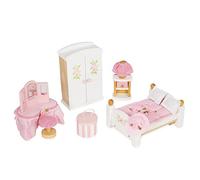 Le Toy Van - ME057 - Puppenhaus-Schlafzimmer, Alter 3, 19-teiliges Holzmöbel-Set, Öko-Spielzeug, Montessori, inklusive Doppelbett, Schminktisch, Kleiderschrank, Nachttisch, Zubehör