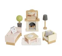 Le Toy Van - ME058 - Puppenhaus-Wohnzimmer, Alter 3, 19-teiliges Holzmöbel-Set, Öko-Spielzeug, Montessori, inklusive Tisch, Sofa, Sessel, Kamin, Lampe, Zimmerpflanze
