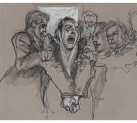 Le tueur en série du fils de Sam† David Berkowitz menotté et criant comme des gardes le sort de la salle d'audience où il est apparu le 22 mai 1978 pour avoir condamné (1978) Poster imprimé par