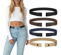 LEACOOLKEY Lot de 4 ceintures élastiques sans boucle pour femme - Sans boucle - Invisible - Grande taille - Sans métal, E-noir + café + bleu + jaune foncé, L-3XL:64cm(Für Hosengrößen 88cm-134cm)