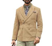 Leader of the Beauty Blazer ajusté en velours côtelé pour homme avec étiquette crantée à double boutonnage pour robe de mariée, marron clair, L