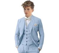 Leader of the Beauty Costume 3 pièces en lin pour garçon Peak Label Slim Fit Costume Ensemble simple boutonnage mariage marié smoking, bleu ciel, 16 ans