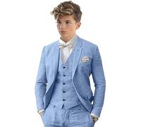 Leader of the Beauty Costume 3 pièces en lin pour garçon Peak Label Slim Fit Costume Ensemble simple boutonnage mariage marié smoking, bleu, 14 ans