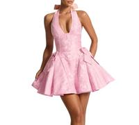 Leader of the Beauty Mini jupe en satin pour femme - Robe de bal courte avec nœud A-Line - Jupes dos nu - Floral Jacquard - Robes de fête, rose, S