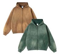 Leader of the Beauty Sweats à capuche surdimensionnés pour hommes avec fermeture éclair intégrale, pull en coton lourd, épaules tombantes, sweats à capuche unisexes décontractés 2025, Vert + marron