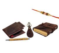 Leaderachi Raksha Bandhan Combo - Portefeuille 100 % cuir de chasseur avec blocage RFID et journal intime en cuir avec porte-clés en cuir Hunter et stylo en bois avec coffret cadeau Rakhi Combo pour