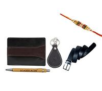 Leaderachi Raksha Bandhan Combo Portefeuille à deux volets en cuir pleine fleur avec porte-clés en cuir et métal Noir, Noir, Accessoires de voyage