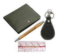 Leaderachi Raksha Bandhan Combo - Portefeuille à deux volets en cuir pleine fleur verdâtre avec blocage RFID avec porte-clés en cuir et noir métallisé, vert, accessoires de voyage, Vert, Accessoires