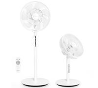 LeaderPro Ventilateur sur Pied Silencieux 12,8 dB avec Télécommande, Débit d'Air de 1980 m³/h, Double Lames Puissantes, Oscillation 120°, 8 Vitesses, Minuterie 8 h, Hauteur Réglable, Moteur DC, Blanc