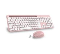 LeadsaiL K933 Clavier et souris sans fil QWERTY espagnol sans fil ergonomique silencieux avec support pour téléphone, taille complète, pour Mac, PC, ordinateur portable - Rose