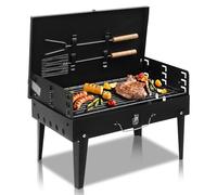 LEADZM Barbecue charbon de bois avec couvercle - Barbecue carré pliant 44x27x22 cm pour camping et extérieur - Set complet fourchette et spatule - Noir