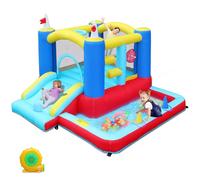 LEADZM Château Gonflable Coloré avec Souffleur, Aire de Jeux Gonflable avec Piscine, Toboggan, Trampoline, Cible, Panier, Extérieure/Intérieure, pour 3 Enfants de 3 à 10 Ans, 275x255x188cm