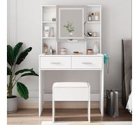 LEADZM Coiffeuse avec Tabouret & Miroir (Blanc, 80x40x140 cm) | Support Sèche-Cheveux Intégré + Prise USB/AC, Plateau en Verre Sécurisé, 2 Tiroirs