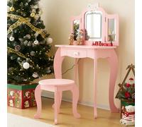 LEADZM Coiffeuse pour Enfants avec Miroir à Trois Volets avec Tabouret, Lampe LED Tactile à 3 Couleurs (Rose)