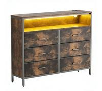 LEADZM Commode 6 Tiroirs, Éclairage LED Réglable, Multiprise, Meuble de Rangement pour Chambre, 1 Étagère, Tubes en Acier + tiroirs en Tissu Non tissé, Plateau en Bois, pour Couloir, Entrée, Salon
