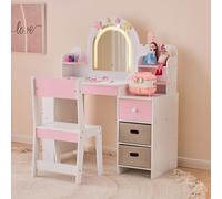 LEADZM Ensemble Table et Chaise pour Enfant avec Lumières LED, Éclairage, Miroir, 3 Tiroirs & Étagère à Livres - Table Polyvalente pour Manger, Étudier et Jouer, À Partir de 3 Ans