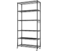 LEADZM Étagère à 6 tablettes sur roulettes réglables en Hauteur avec Pieds de nivellement avec 1 Crochet latéral Conique, 90 x 40 x 185 cm (Noir avec roulettes, 90x40x185cm, 6)