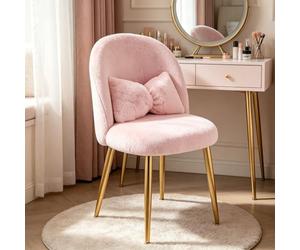 LEADZM Fauteuil avec Dossier, Chaise Coiffeuse, Fauteuil Relax de Salon de Chambre avec Pieds réglables dorés, Chaise à Manger, Imitation Fourrure de Lapin (Dossier incurvé, Rose)