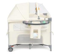 LEADZM Lit Bébé Cododo 5 en 1, Berceau Bébé Pliable avec Table à Langer, Panier de Rangement, Moustiquaire, Jouets Suspendus et Sac de Transport pour Nouveau-né et Jeune Enfant (Blanc Cassé)