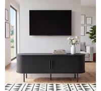 LEADZM Meuble TV avec 2 Portes Coulissantes Étagère Ajustable pour Salon et Chambre à Coucher, Style à lamelles Verticales, 147 x 35 x 58 cm (Noir)