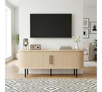 LEADZM Meuble TV avec 2 Portes Coulissantes Étagère Ajustable pour Salon et Chambre à Coucher, Style à lamelles Verticales, 147 x 35 x 58 cm (Chêne)