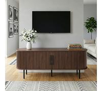 LEADZM Meuble TV avec 2 Portes Coulissantes Étagère Ajustable pour Salon et Chambre à Coucher, Style à lamelles Verticales, 147 x 35 x 58 cm (Noyer)