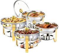 LEADZM Rond Chafing Dish 4PCs，5L Chauffe Plat，Chauffe Plat Buffet en Acier Inoxydable， pour Fêtes, Mariage, Banquets, Buffet Libre，Restauration-Couleur Argent
