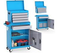 LEADZM Servante d'Atelier Outils avec Coffre Amovible, 5 Tiroirs, 2 Grande，Etabli Garage，Caisse à Outil Roulante& Armoire à Étagère Réglable，pour Garage, Atelier(Bleu)