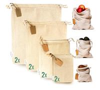 LEAFICO Lot de 8 Sacs Réutilisables en Coton avec Cordon - Sacs de Rangement Multi-Taille (S, M, L, XL) pour Cuisine, Pain, Légumes, Fruits, Bocaux, Courses Vrac, DIY, Cadeaux