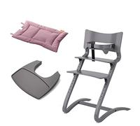 Leander Chaise haute laquée grise pour enfant avec étrier bébé + plateau gris + coussin rose dusty