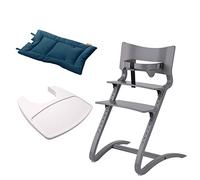 Leander Chaise haute pour enfant avec arceau + plateau blanc + coussin bleu foncé
