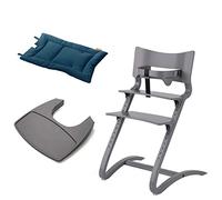 Leander Chaise haute pour enfant avec arceau + plateau gris laqué gris + coussin bleu foncé