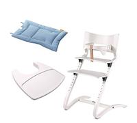 Leander Chaise haute pour enfant Blanc avec étrier bébé + plateau blanc + coussin bleu dusty