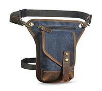 Le'aokuu Hommes Toile et Cuir véritable étanche Moto Tactique Fanny Ceinture Taille Pack Goutte Jambe Cuisse Croix sur Sac 211-6 (Bleu)