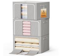 LeArex Lot de 3 boîtes de rangement pliables pour vêtements avec cadre en métal pour vêtements, draps, couvertures, livres, jouets, cadeaux et décorations de vacances (100 L x 3 pièces)