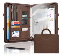 Leathario Porte Documents A4 avec Calculatrice, Portfolio avec Poignées Magnétiques en Simili Cuir, Organiseur de Conférences 4 Reliures à Anneaux, 10 Feuilles Classeuses Souples Offertes et 1 Stylo