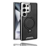 Leather-Backed Magnetic Folding Stand Case for Samsung S25 Ultra, Luxurious Leather Magnetic Case with 360 Degree Rotating Invisible Stand for S25/S24/S23 Ultra Plus (Black,S25PLUS)