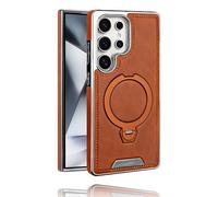 Leather-Backed Magnetic Folding Stand Case for Samsung S25 Ultra, Luxurious Leather Magnetic Case with 360 Degree Rotating Invisible Stand for S25/S24/S23 Ultra Plus (Brown,S24)
