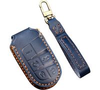 Leather Car Key Case For Jeep Renegade Grand Cherokee Dodge Ram 1500 Journey Charger Challenger Remote Key Case 5 Button Blue