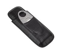 Leather Cigar Case, Portable 2 Finger Black Travel Cigar Humidor Case Cigar Accessories with Silver Cutter for Father Friends