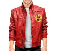 LEATHER FOREST Veste de costume pour homme Cobra Karaté Kai Kid rouge Johnny Lawrence style bomber avec logo Cobra, bouton-pression sur le devant, Johnny Lawrence Costume Veste en cuir, M