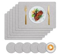 Leather Placemats and Coasters Set of 6, Waterproof Heat Resistant Washable Non-Slip Dining Table Place Mats(Light Gray)