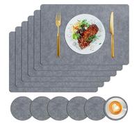 Leather Placemats and Coasters Set of 6, Waterproof Heat Resistant Washable Non-Slip Dining Table Place Mats(Dark Gray)