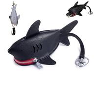 Leather Sharks Pouch Key Bag,Cute Shark Shape Car Key Bag with Keyring and Lanyard,Unique Cartoon Animal Zipper Coin Purse