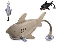 Leather Sharks Pouch Key Bag,Cute Shark Shape Car Key Bag with Keyring and Lanyard,Unique Cartoon Animal Zipper Coin Purse